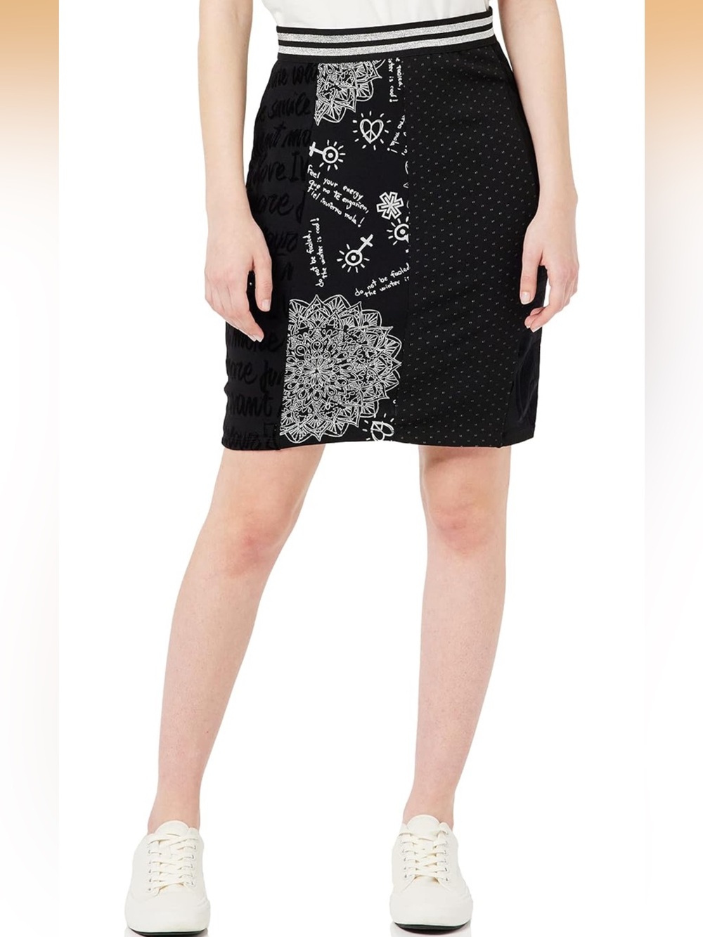 NWT Desigual Craig Black Patterned Panel Pencil Skirt - Women Size S